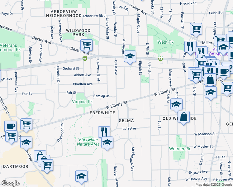 map of restaurants, bars, coffee shops, grocery stores, and more near Crest Avenue in Ann Arbor