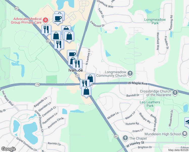 map of restaurants, bars, coffee shops, grocery stores, and more near 20732 Illinois 176 in Mundelein