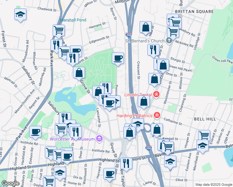 map of restaurants, bars, coffee shops, grocery stores, and more near Prescott Street in Worcester