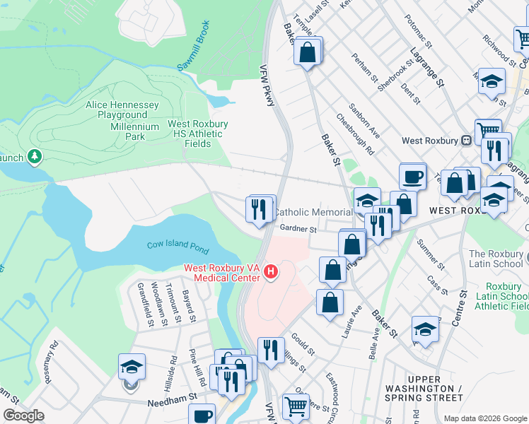 map of restaurants, bars, coffee shops, grocery stores, and more near 1240 VFW Parkway in Boston