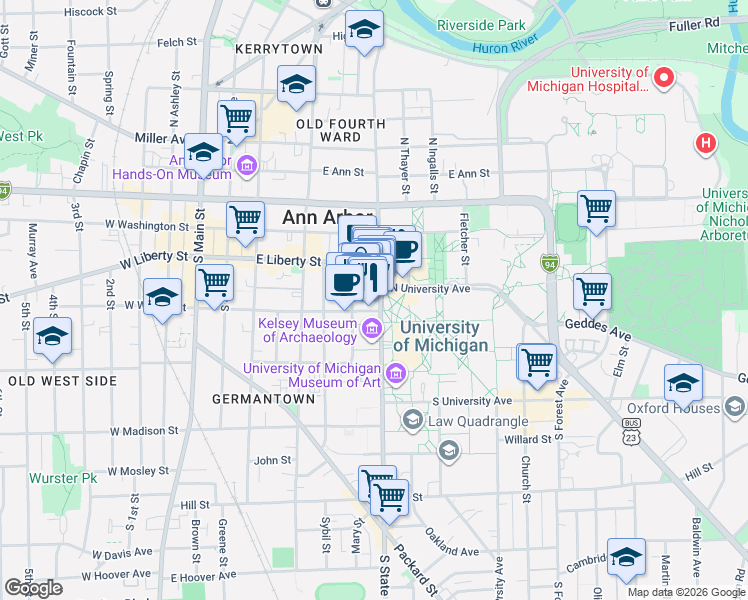 map of restaurants, bars, coffee shops, grocery stores, and more near 340 South State Street in Ann Arbor