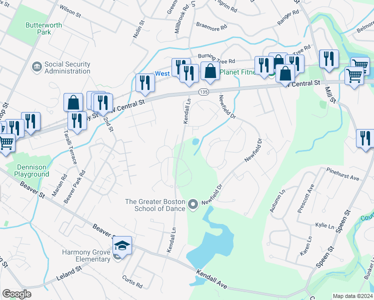 map of restaurants, bars, coffee shops, grocery stores, and more near 4 Village Brook Lane in Natick