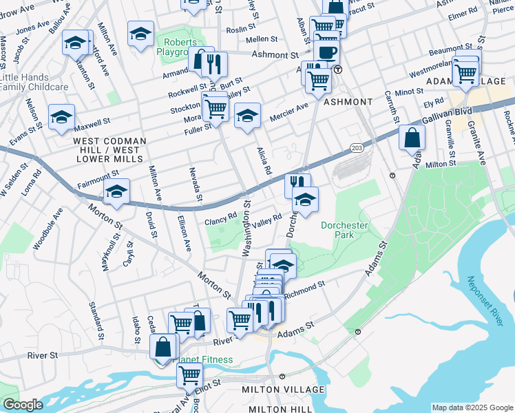 map of restaurants, bars, coffee shops, grocery stores, and more near 41 Valley Road in Boston