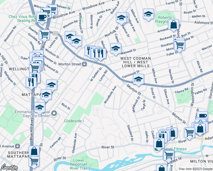 map of restaurants, bars, coffee shops, grocery stores, and more near 67 Woodbole Avenue in Boston