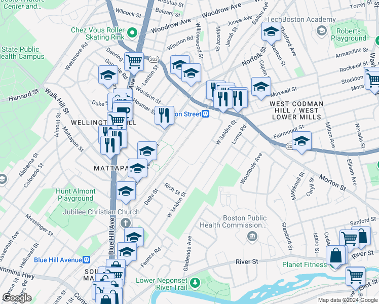 map of restaurants, bars, coffee shops, grocery stores, and more near 105 West Selden Street in Boston
