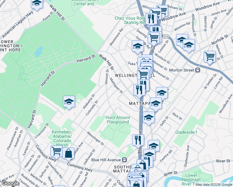 map of restaurants, bars, coffee shops, grocery stores, and more near 76 Hiawatha Road in Boston