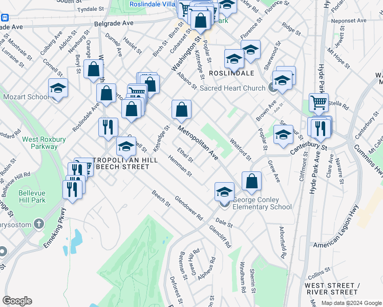 map of restaurants, bars, coffee shops, grocery stores, and more near 31 Ethel Street in Boston