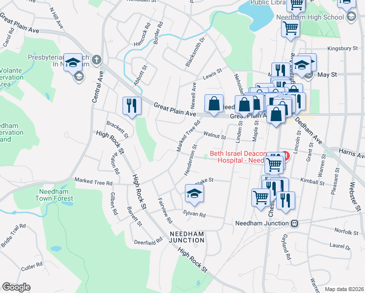 map of restaurants, bars, coffee shops, grocery stores, and more near 176 Oak Street in Needham