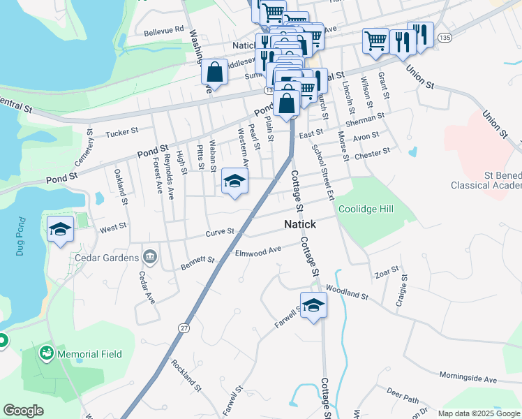 map of restaurants, bars, coffee shops, grocery stores, and more near 24 Walcott Street in Natick