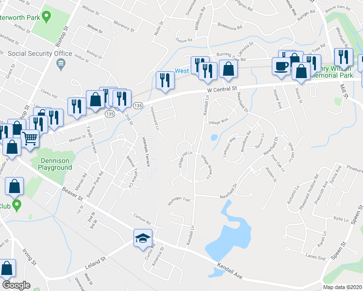 map of restaurants, bars, coffee shops, grocery stores, and more near 2 Village Hill Lane in Natick