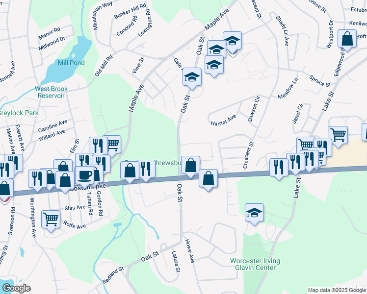 map of restaurants, bars, coffee shops, grocery stores, and more near 2 Williamsburg Court in Shrewsbury