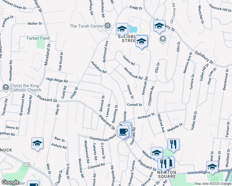 map of restaurants, bars, coffee shops, grocery stores, and more near 42 Beeching Street in Worcester