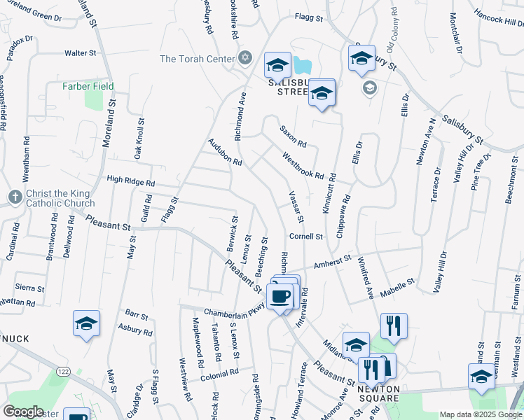 map of restaurants, bars, coffee shops, grocery stores, and more near 42 Beeching Street in Worcester