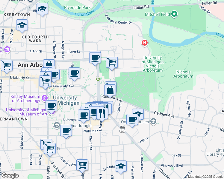 map of restaurants, bars, coffee shops, grocery stores, and more near 1341 Geddes Avenue in Ann Arbor