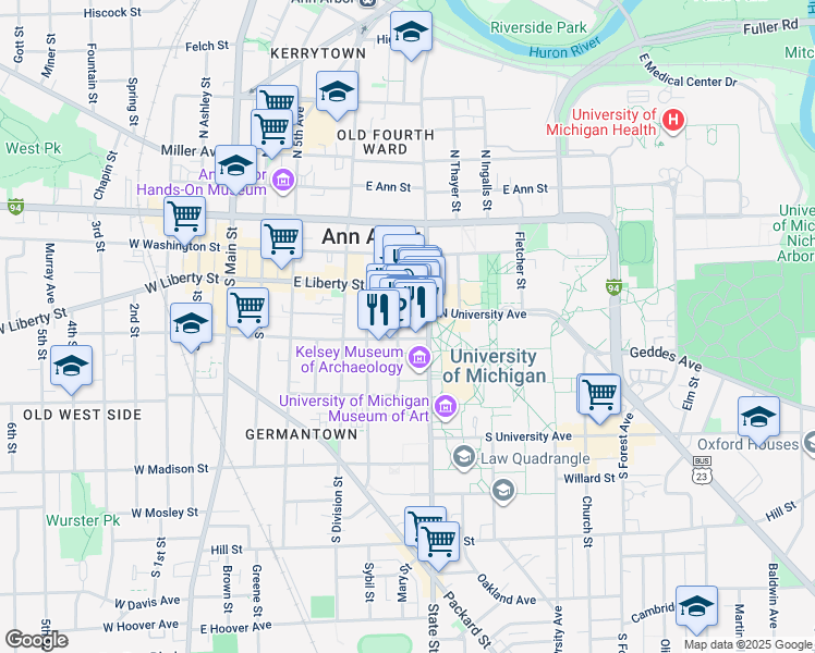 map of restaurants, bars, coffee shops, grocery stores, and more near 402 Maynard Street in Ann Arbor