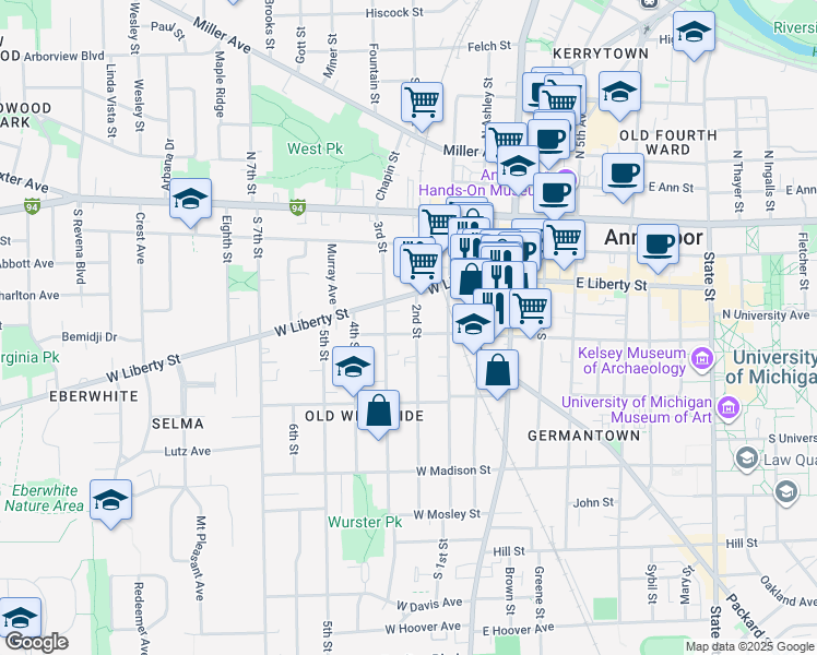 map of restaurants, bars, coffee shops, grocery stores, and more near 414 2nd Street in Ann Arbor