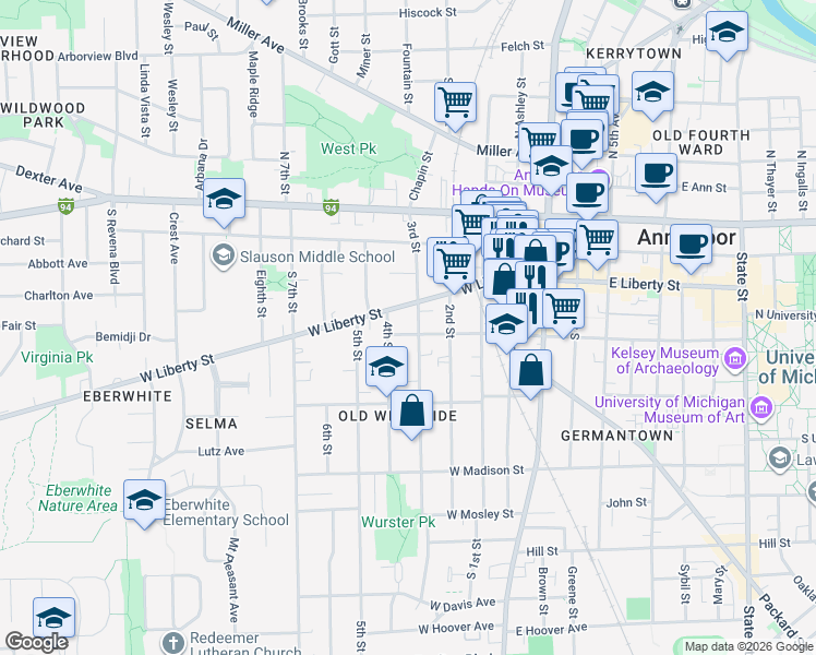 map of restaurants, bars, coffee shops, grocery stores, and more near 519 West William Street in Ann Arbor