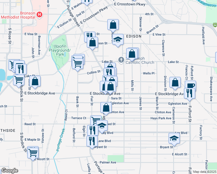 map of restaurants, bars, coffee shops, grocery stores, and more near 746 East Stockbridge Avenue in Kalamazoo