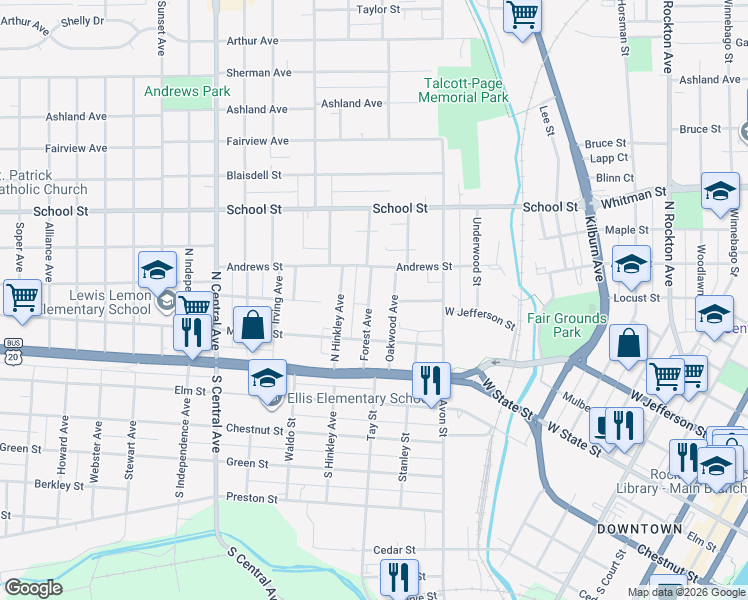 map of restaurants, bars, coffee shops, grocery stores, and more near 214 Oakwood Avenue in Rockford