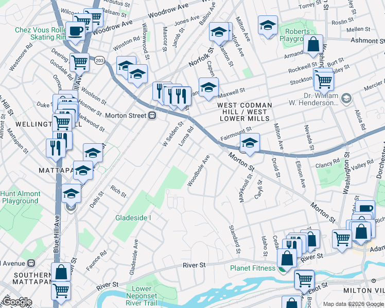 map of restaurants, bars, coffee shops, grocery stores, and more near 67 Woodbole Avenue in Boston