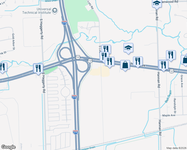 map of restaurants, bars, coffee shops, grocery stores, and more near 4050 South Lotz Road in Wayne County