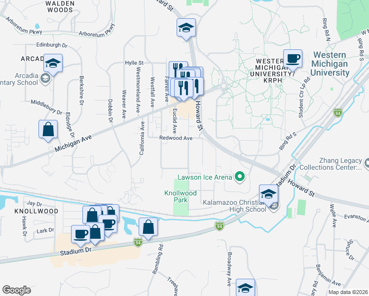 map of restaurants, bars, coffee shops, grocery stores, and more near 1324 Lafayette Avenue in Kalamazoo