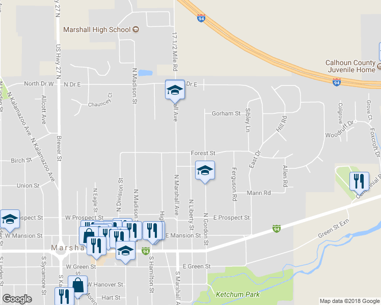 map of restaurants, bars, coffee shops, grocery stores, and more near 601 Forest Street in Marshall