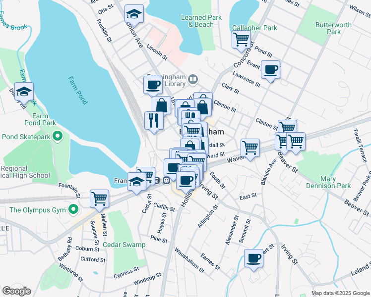 map of restaurants, bars, coffee shops, grocery stores, and more near 15 Park Street in Framingham