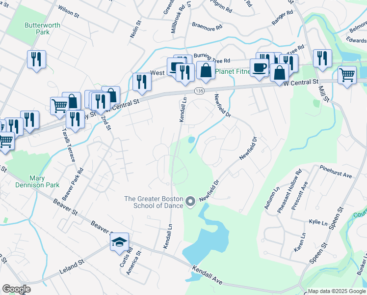 map of restaurants, bars, coffee shops, grocery stores, and more near 44 Village Brook Lane in Natick