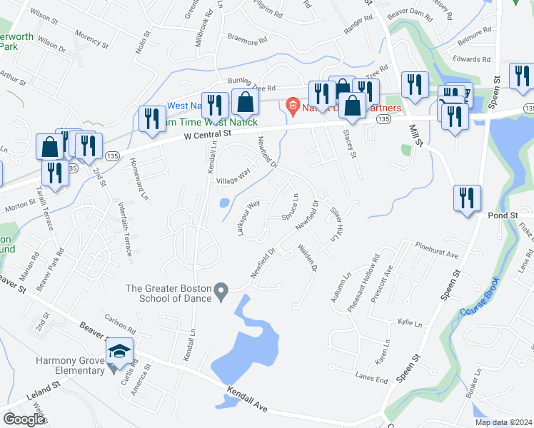 map of restaurants, bars, coffee shops, grocery stores, and more near 25 Woodbine Road in Natick