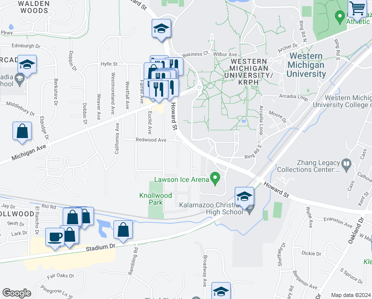 map of restaurants, bars, coffee shops, grocery stores, and more near 2501 Redwood Avenue in Kalamazoo