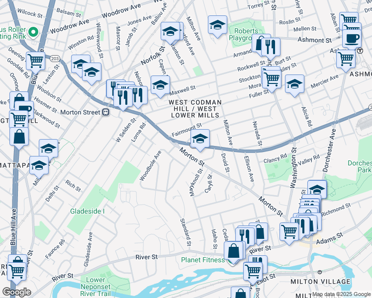 map of restaurants, bars, coffee shops, grocery stores, and more near 9 Gallivan Boulevard in Boston