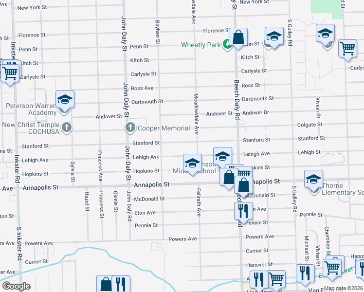 map of restaurants, bars, coffee shops, grocery stores, and more near 26187 Colgate Street in Inkster