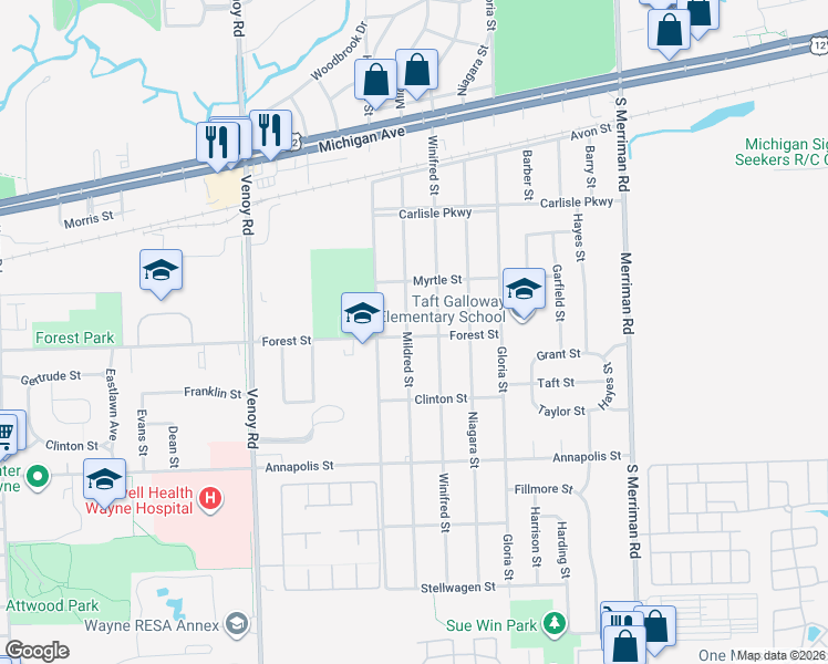 map of restaurants, bars, coffee shops, grocery stores, and more near 4059 Mildred Street in Wayne