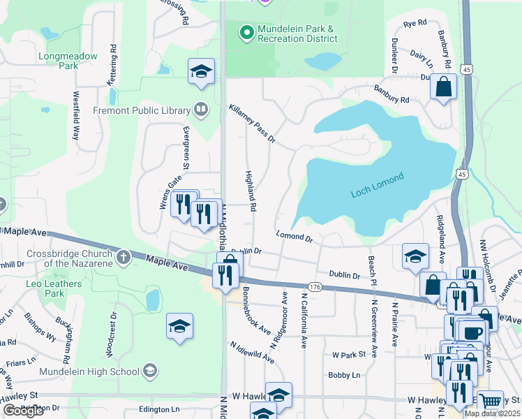 map of restaurants, bars, coffee shops, grocery stores, and more near 1005 Highland Road in Mundelein