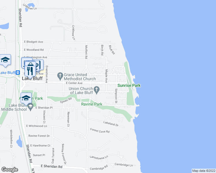 map of restaurants, bars, coffee shops, grocery stores, and more near 601 East Center Avenue in Lake Bluff