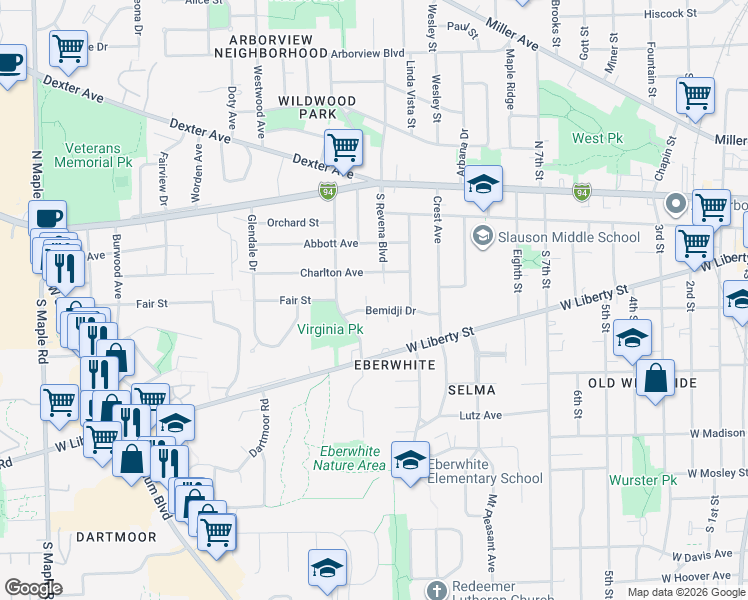 map of restaurants, bars, coffee shops, grocery stores, and more near 503 Ventura Court in Ann Arbor