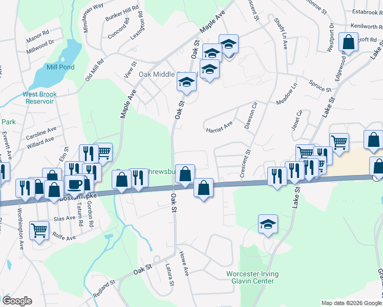map of restaurants, bars, coffee shops, grocery stores, and more near 10 Williamsburg Court in Shrewsbury