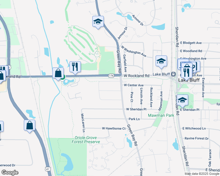 map of restaurants, bars, coffee shops, grocery stores, and more near 349 Thornwood Lane in Lake Bluff