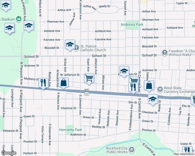 map of restaurants, bars, coffee shops, grocery stores, and more near 219 Alliance Avenue in Rockford
