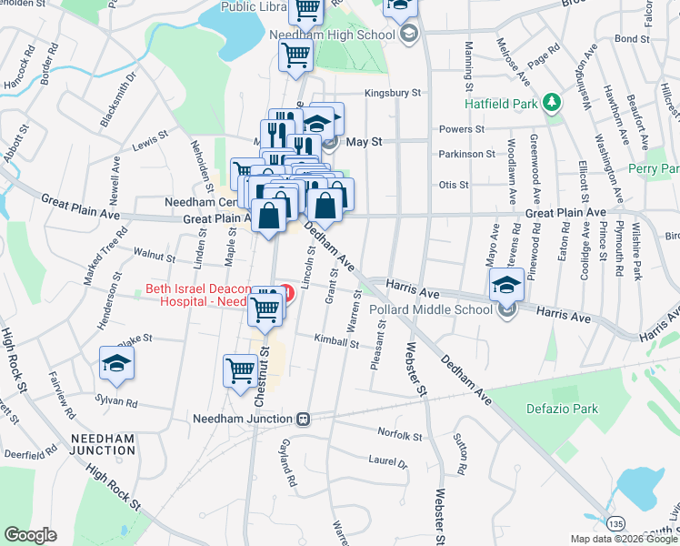 map of restaurants, bars, coffee shops, grocery stores, and more near 159 Warren Street in Needham