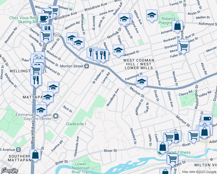 map of restaurants, bars, coffee shops, grocery stores, and more near 23 Owen Street in Boston