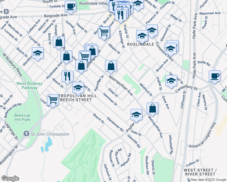 map of restaurants, bars, coffee shops, grocery stores, and more near 139 Metropolitan Avenue in Boston