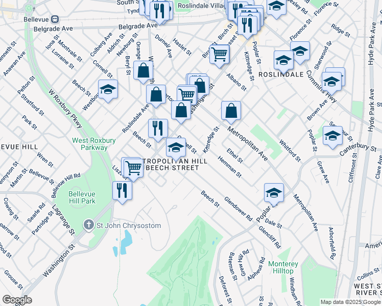 map of restaurants, bars, coffee shops, grocery stores, and more near 179 Cornell Street in Boston