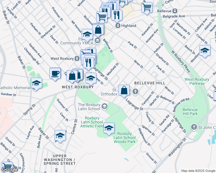map of restaurants, bars, coffee shops, grocery stores, and more near 328 Lagrange Street in Boston