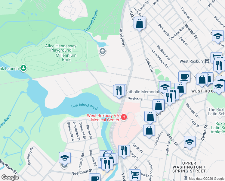 map of restaurants, bars, coffee shops, grocery stores, and more near 1213 VFW Parkway in Boston