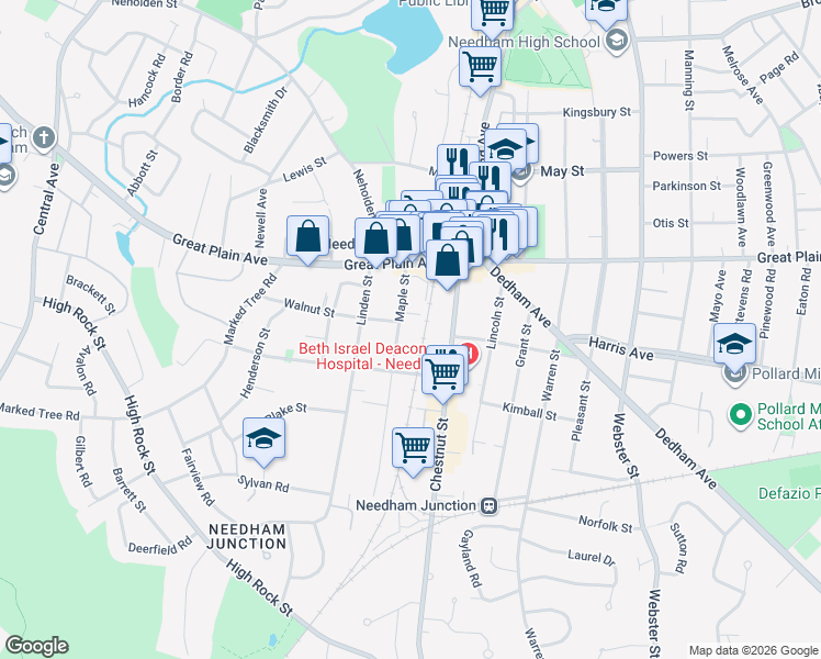 map of restaurants, bars, coffee shops, grocery stores, and more near 37 Maple Street in Needham