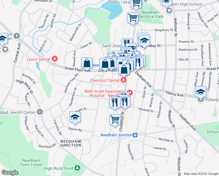 map of restaurants, bars, coffee shops, grocery stores, and more near 37 Maple Street in Needham