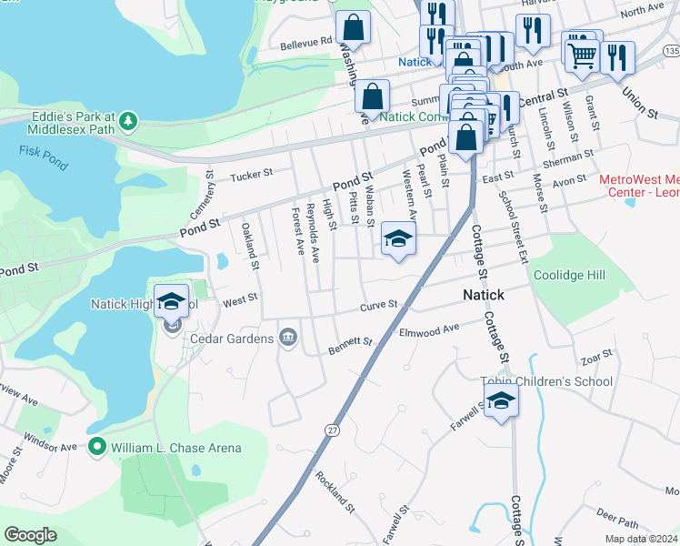 map of restaurants, bars, coffee shops, grocery stores, and more near 40 High Street in Natick