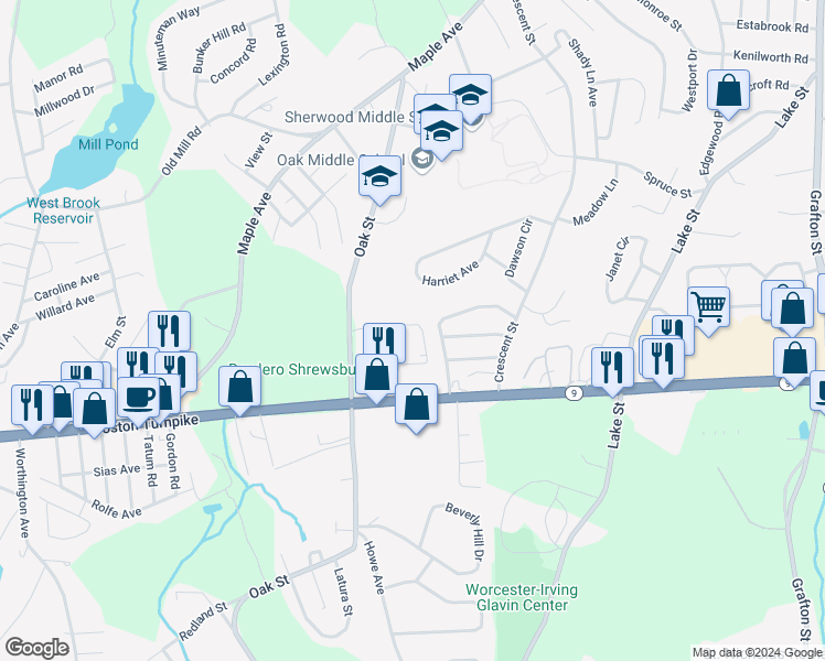 map of restaurants, bars, coffee shops, grocery stores, and more near 34 Saybrook Road in Shrewsbury